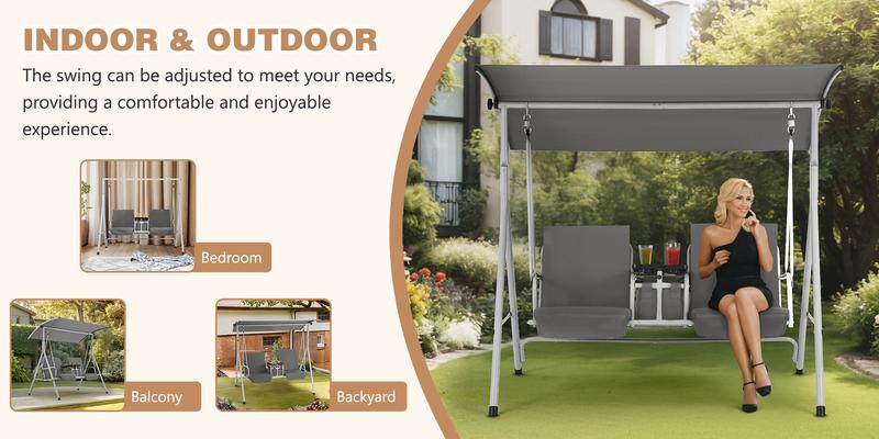 2-Seat Porch Swing with Stand & Pivot Storage Table, Outdoor Swing with Adjustable Canopy & 2 Cup Holders for Bedroom & Balcony, Gray