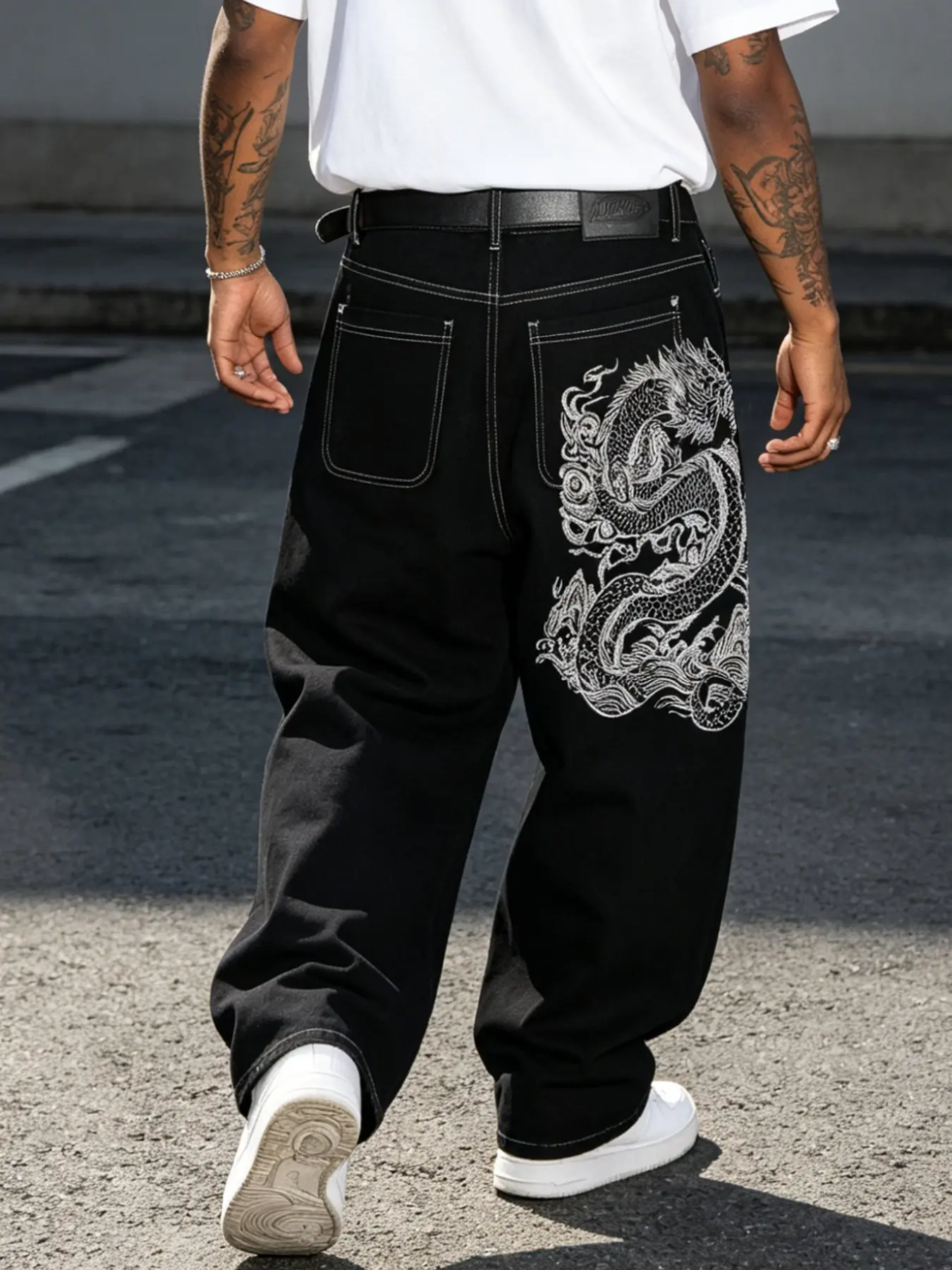 Men's Vintage Streetwear Baggy Wide Leg Jeans, Dragon Embroidery Loose Fit, Casual All-Seasons Zipper Fly, Comfortable Y2K Rock Style