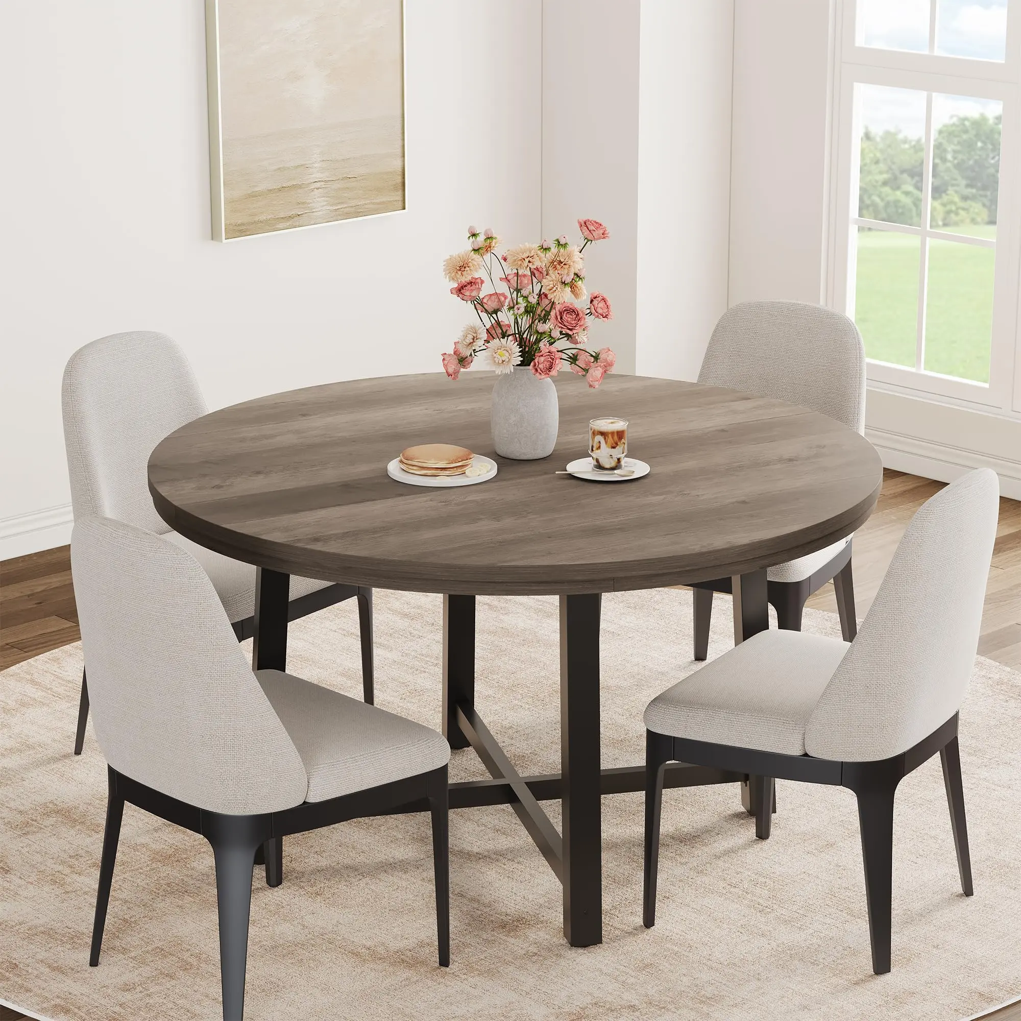 Garvee 120Cm Round Dining Table – Seats 4-6 People, Wooden Top with Metal Frame, Industrial Modern Space-Saving Dinner Table Kitchen Furniture for Dining Room/Living Room