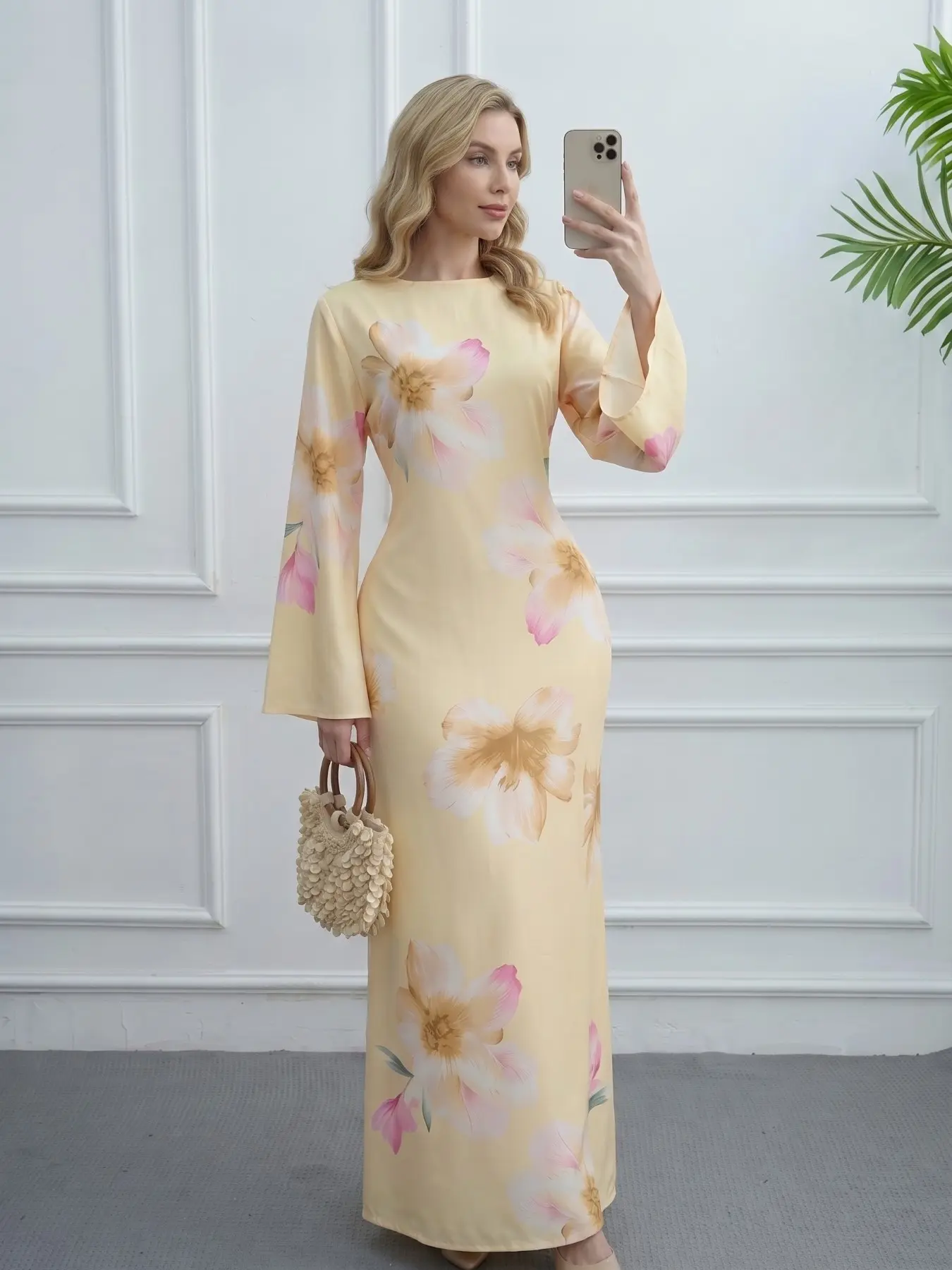 New Muslim Women's Long Dress, Multi-Color Choice, Bell Sleeve, All over Print, Elegant Loose-Fit, Casual Daily Wear, Vacation Dress, Modest Summer Outfit