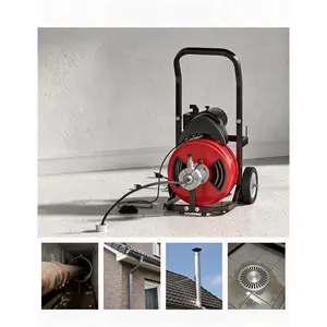Robust Electric Drain Cleaner Machine 50/100FT x 1/2" Steel Core Cable, Auto Feed Auger, Motor, 2 Wheels, 6 Cutter Heads, Air-Activated Foot Switch, Heavy Duty Sewer Snake for 1"-4" Pipes, Red and Black