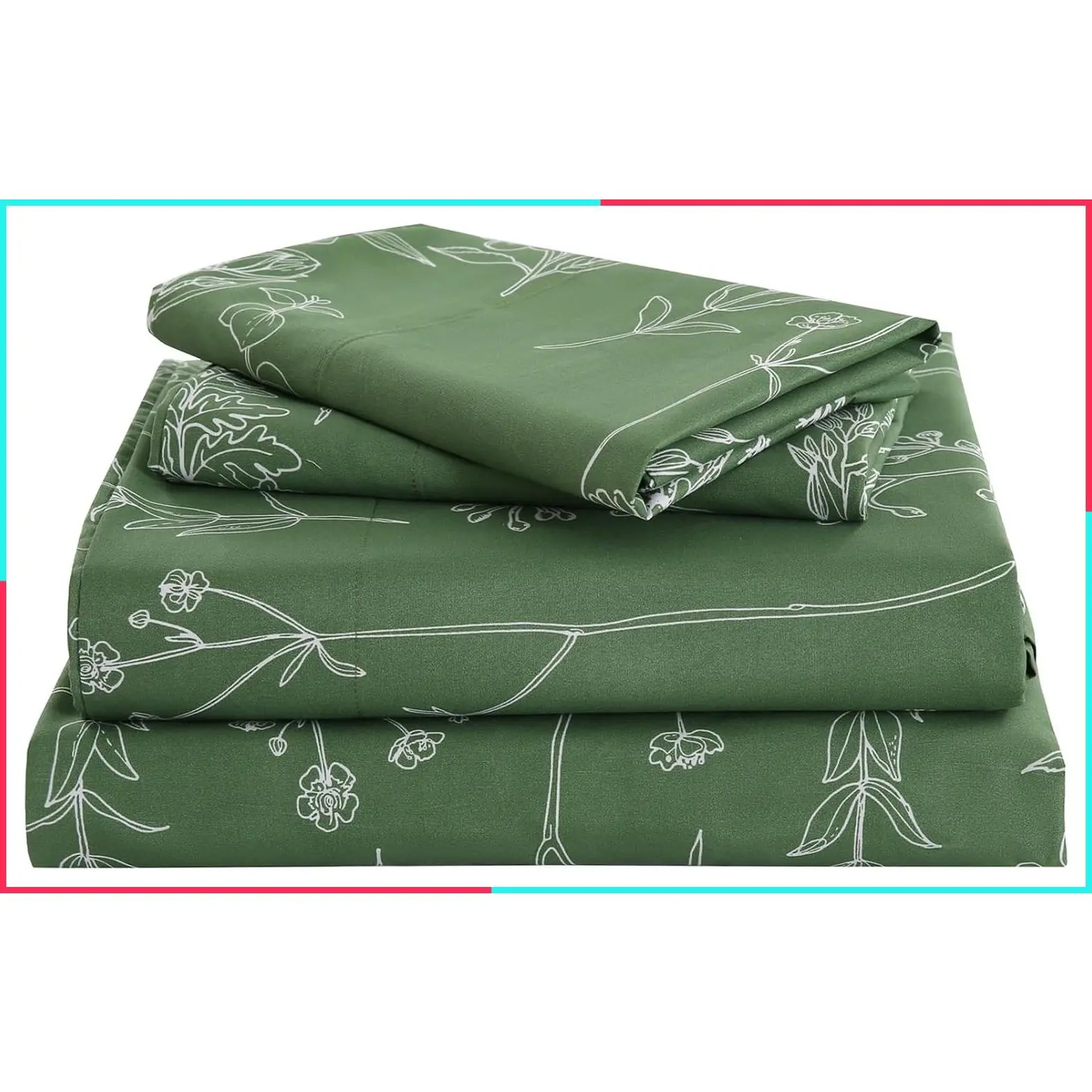 Queen Size Green Floral Boho Bed Sheets Set with Deep Pocket
