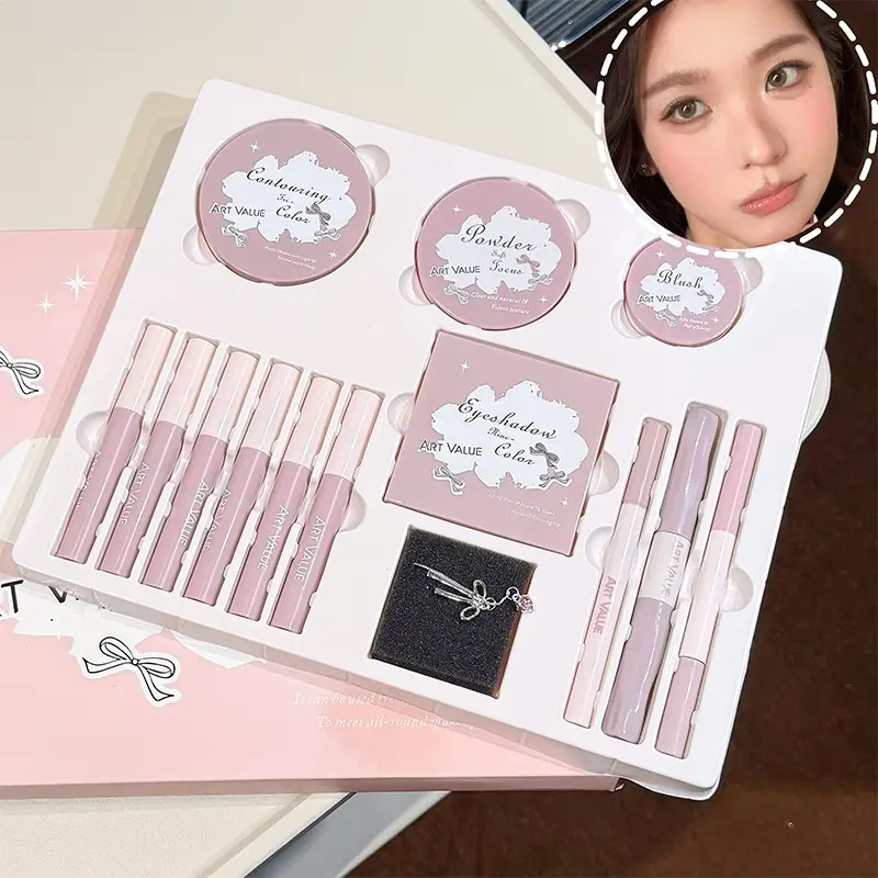 All In One Full Face Makeup Combo Gift Set 9 Color Eyeshadow Palette Triple Shade Contour Compact Blush Setting Powder 9 Liquid Lip Gloss Complete Face Eye Lip Cosmetic Kit