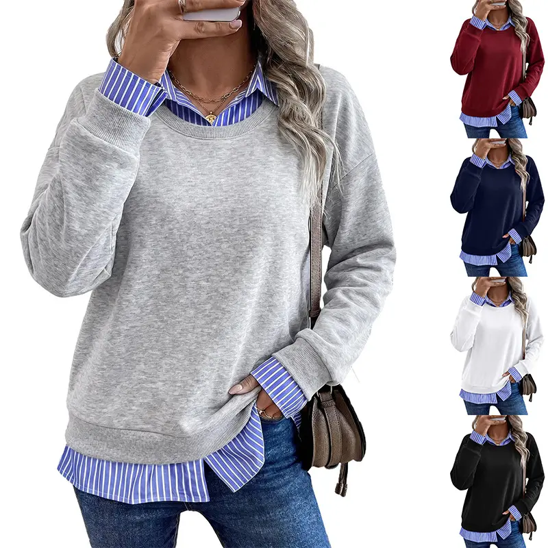 2026 Autumn Women's Long Sleeve Fashion Casual Lapel Fake Two-Piece Sweatshirt with Patchwork Design