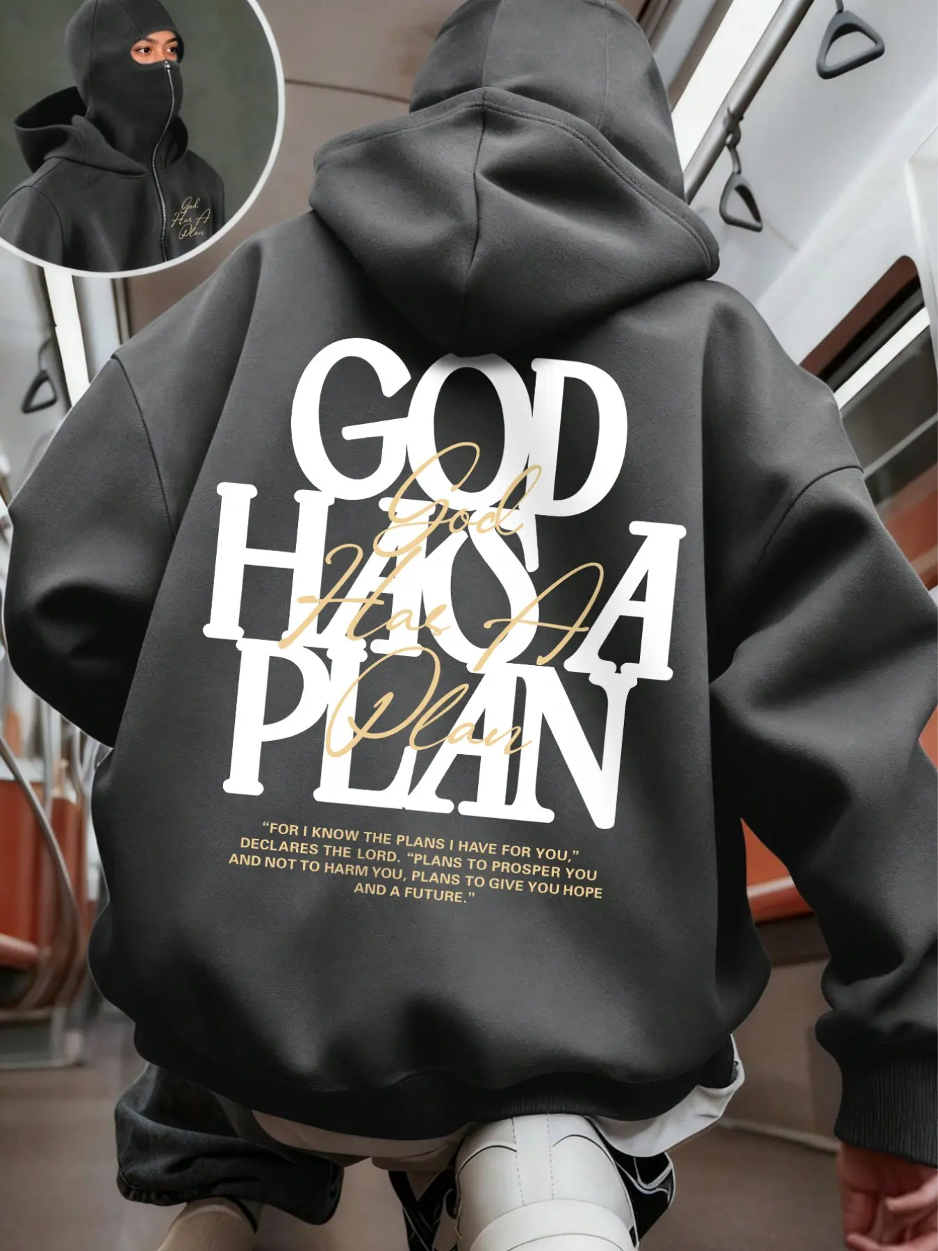 Zip Up Balaclava Hooded Jacket, Front Cursive Letter & Back Big Bible Text Print, Integrated Face Mask, Loose Oversized Fit, Thick Soft Fleece Fabric, Faith Street Coat for Urban Skate Daily Casual Outfits#BalaclavaHoodie #FaithStreetwear #ZipUpJacket