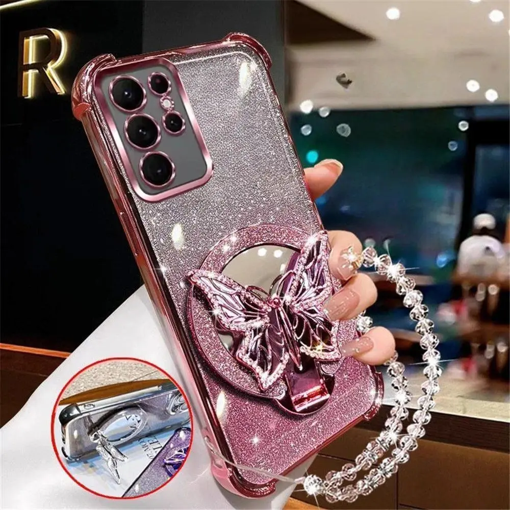 Crystal Bracelet Glitter Butterfly Mirror Stand Case For Samsung S26 S25 S24 S23 S22 S21 Plus FE Ultra Edge Shockproof Cover