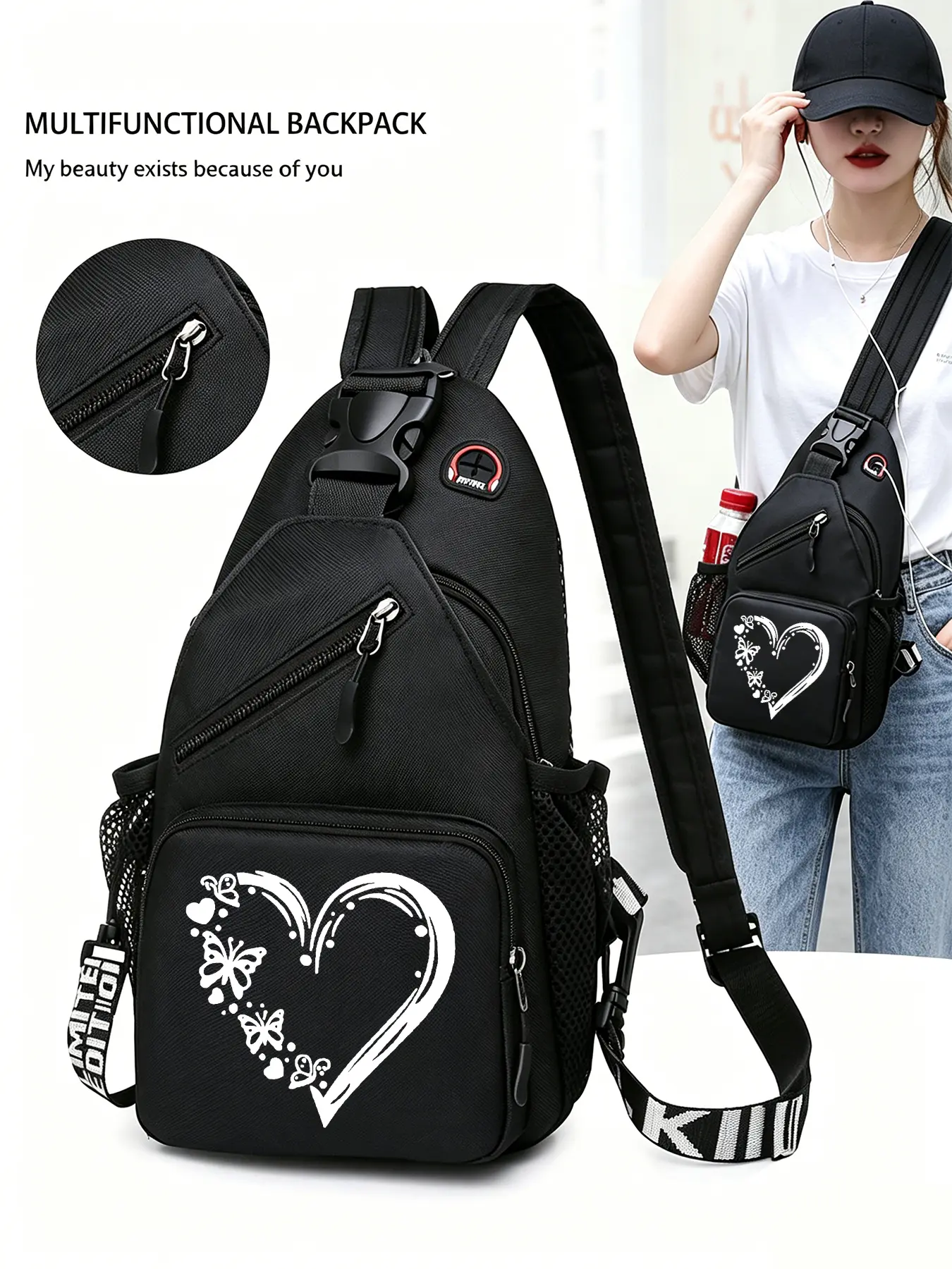 Heart-Shaped Butterfly Patterned Convertible Crossbody Bag/backpack, Multi-functional Chest Bag with Convertible Zippered Shoulder Strap, Multiple Pockets, Suitable for Travel, Sports, and Daily Commuting, Casual Trendy Bag