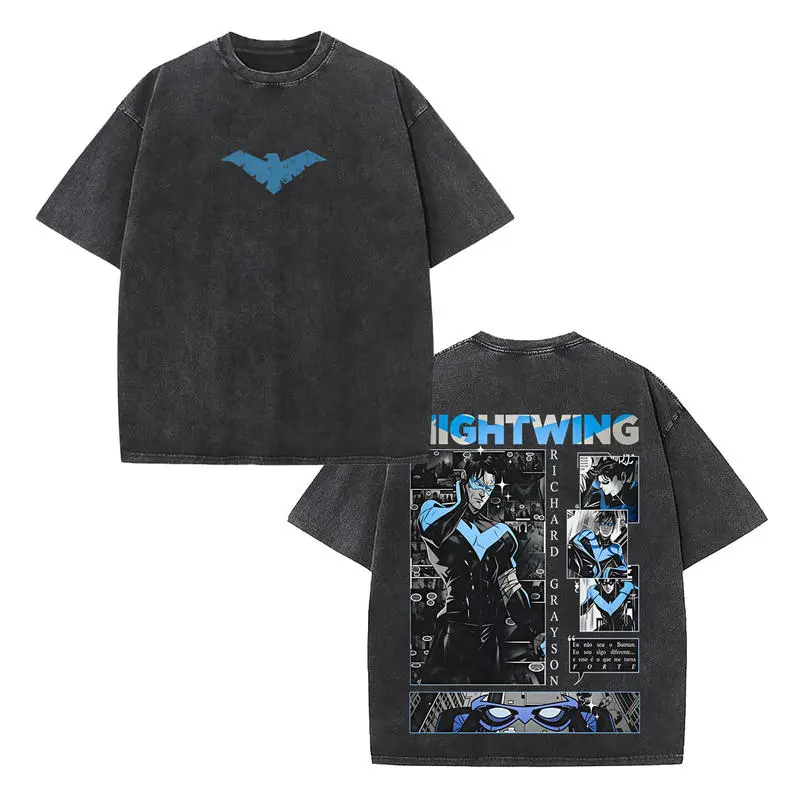 Men's Oversized Relaxed Fit Short-Sleeve Washed T-Shirt - Streetwear Menswear, Nightwing Comic Book Graphic Print, Dark Gray with Blue-Black Scheme, Front & Back Artwork, Casual Spring-Summer Wear, Aesthetic, Shortsleeve