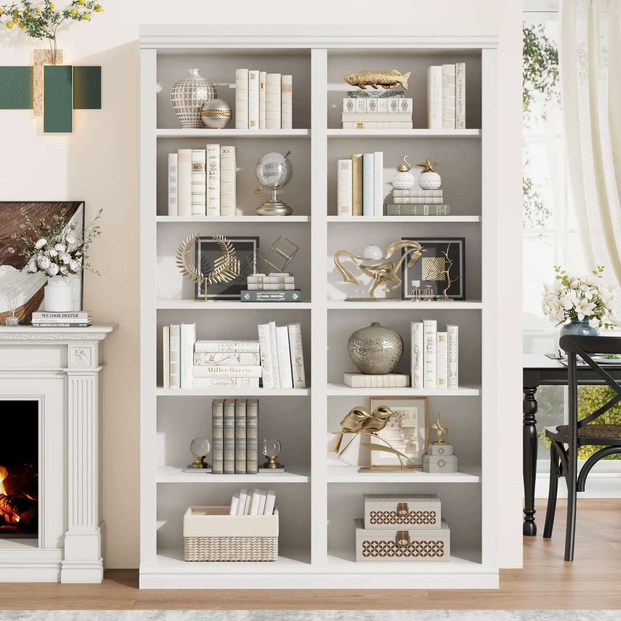 74.5" Tall Bookshelf with Double Storage, 6-Tier Large Bookshelf, Double Wide Bookshelves with 12 Cubbies, Wide Freestanding Bookcases for Livingroom Office Library,White/Black