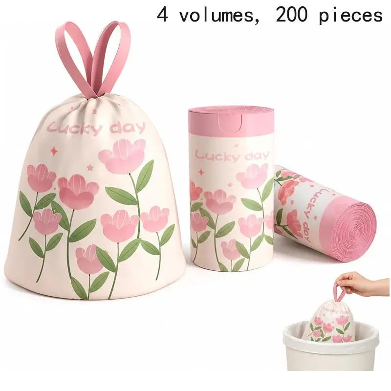 200 pieces thick large-sized drawstring garbage bags with pink lavender fragrance, Multi-purpose disposable garbage bags, with fragrance lining, suitable for household use, Pink flower pattern and "Happy Day" text, tear-resistant design Scented Trash Bags