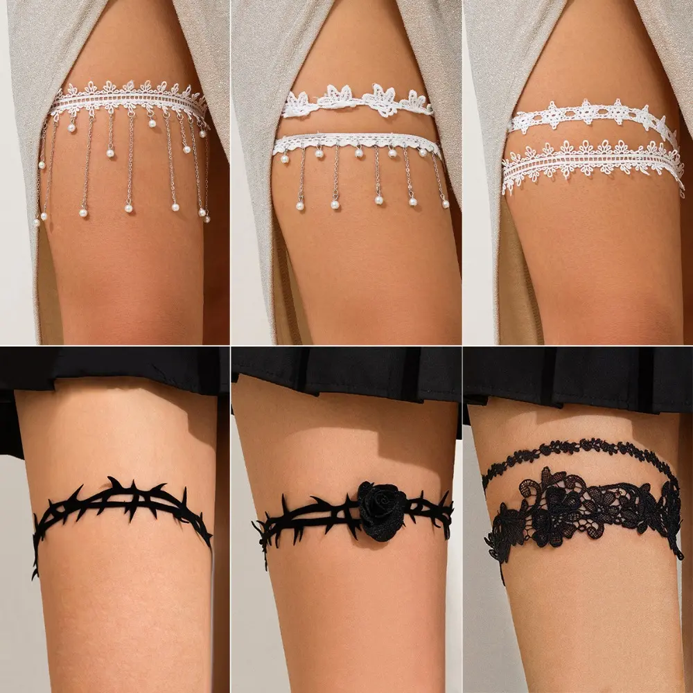 Women's Gothic Lace Elastic Thigh Garter - Sun Protective Outdoor Body Accessory with Rose Thorn Accents, Tassel, Stretchable Thigh Chain, Sun Protective Use