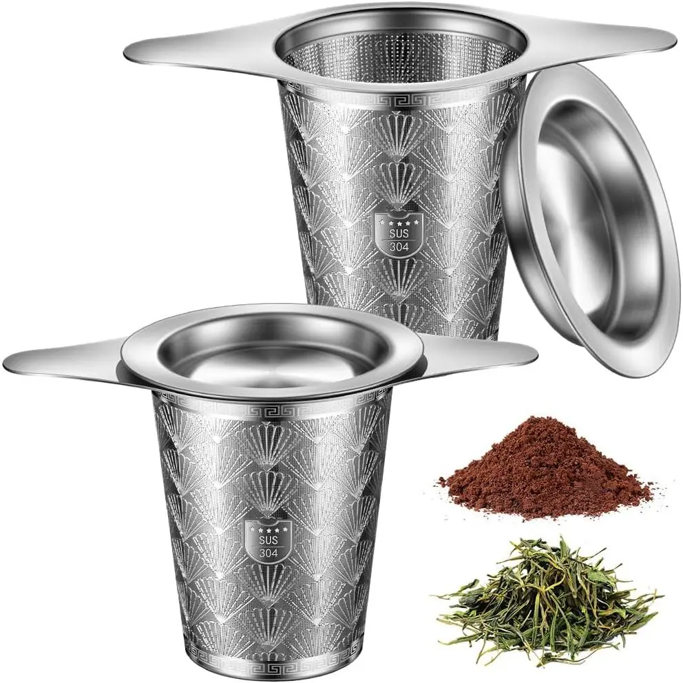 2-Pack Extra Fine 18/8 Stainless Steel Tea & Coffee Infuser Filter Tea Strainers & Filters with Large Capacity, Double Handles, Lid for Teapots, Mugs