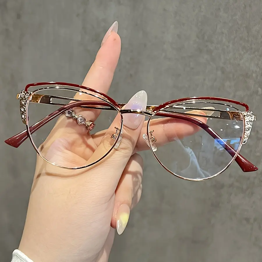 2024 Women's Fashion Metal Frame Cat's Eye Glasses - Diamond-encrusted, Retro Trend, Luxury Premium, Flat Mirror, Hollow Leg Decorative Eyewear Frames, Diamond Encrust.