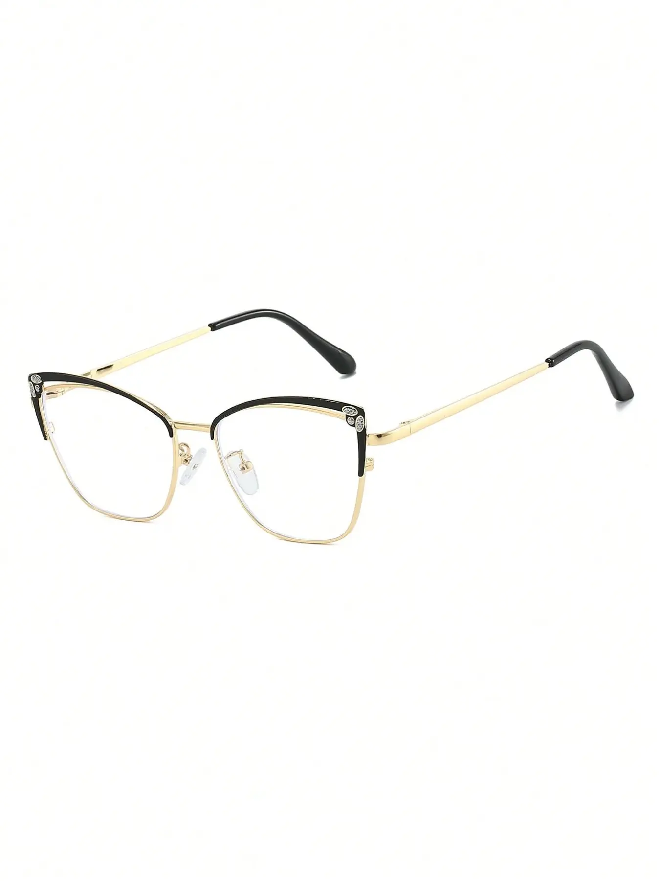 Women's and Gold Cat Eye Metal Frame Glasses, Elegant Design with Rhinestones, Large Frame, All Season Non-Prescription Eyewear