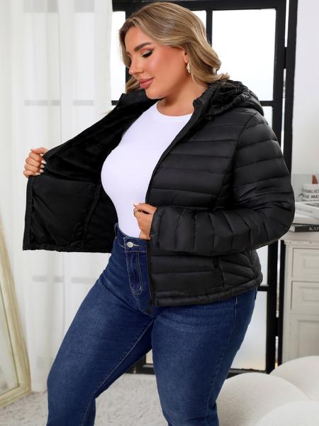 Women's Plus Size Winter Puffer Jacket, Hooded Long Sleeve Woven Fabric, Casual Fitted Plain Design, Daily Commute Outerwear, Casual Jackets