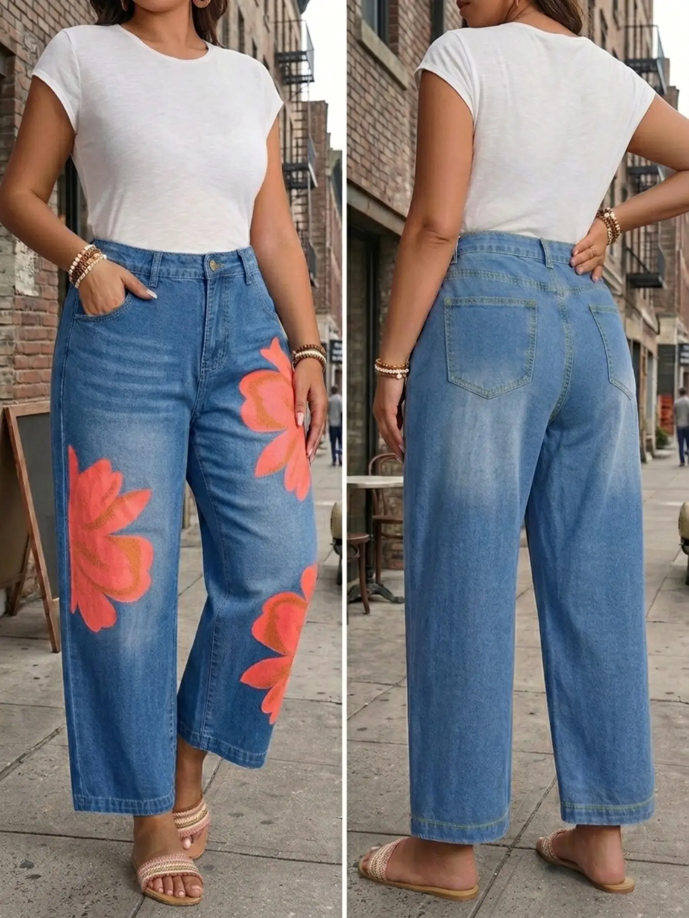 High Waist Wide Leg Jeans for Women, Side Floral Print Washed Wide Leg Pants, Casual Vacation Pear Shape Versatile Long Pants
