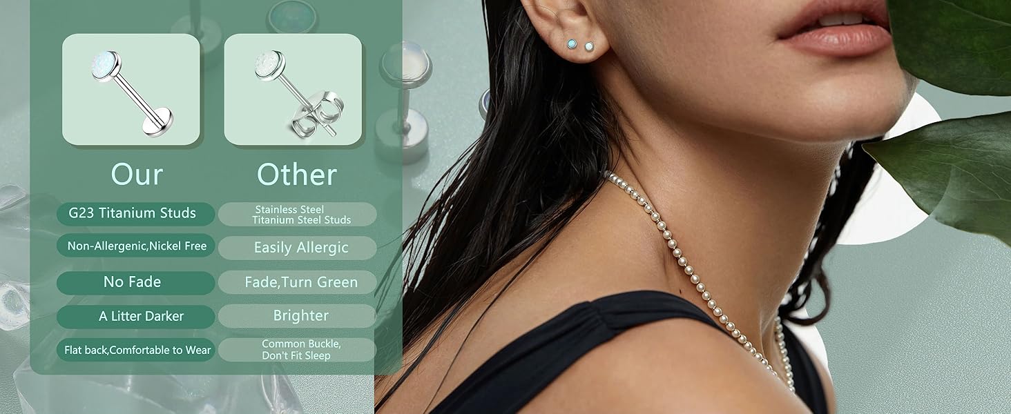 FIBO STEEL 6 Pairs G23 Titanium Flat Back Stud Earrings Set for Women Men 2/4mm Opal CZ Ball Cartilage Tragus Piercing Jewelry Hypoallergenic