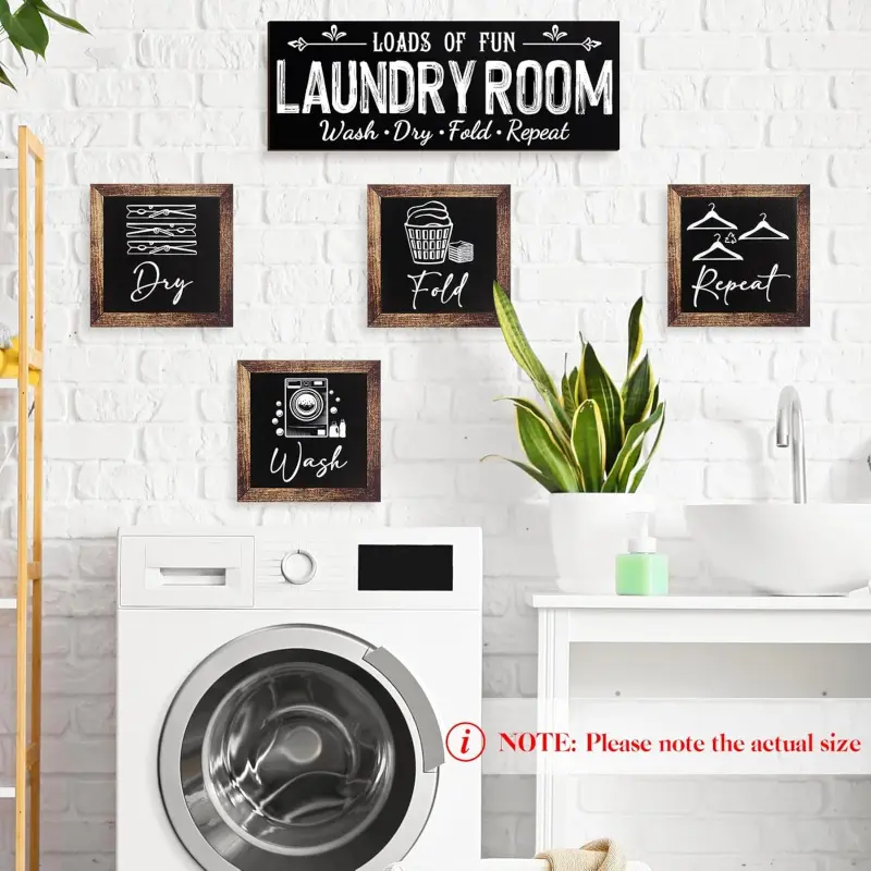 Yerliker 5-Piece Laundry Room Decor Wall Signs Farmhouse Wooden Wash Dry Fold Repeat Sign Country Wall Art Decor Bathroom Home Decorative Plaque Sign Home Decor Aesthetic