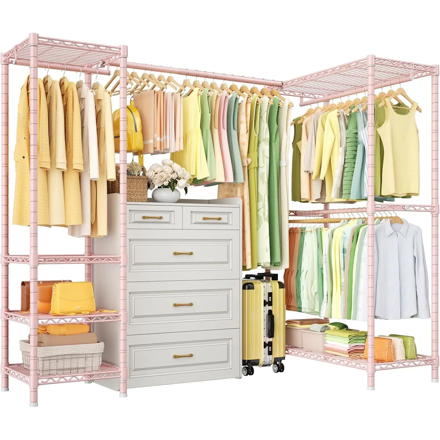 E10L L-Shaped Clothes Rack for Corner(With Expandable Hanger Rod)Heavy Duty Freestanding Clothing Racks for  Clothes,Portable Garment Rack 58-82"W x 30"D x 72"H,Max Load 900LBS,