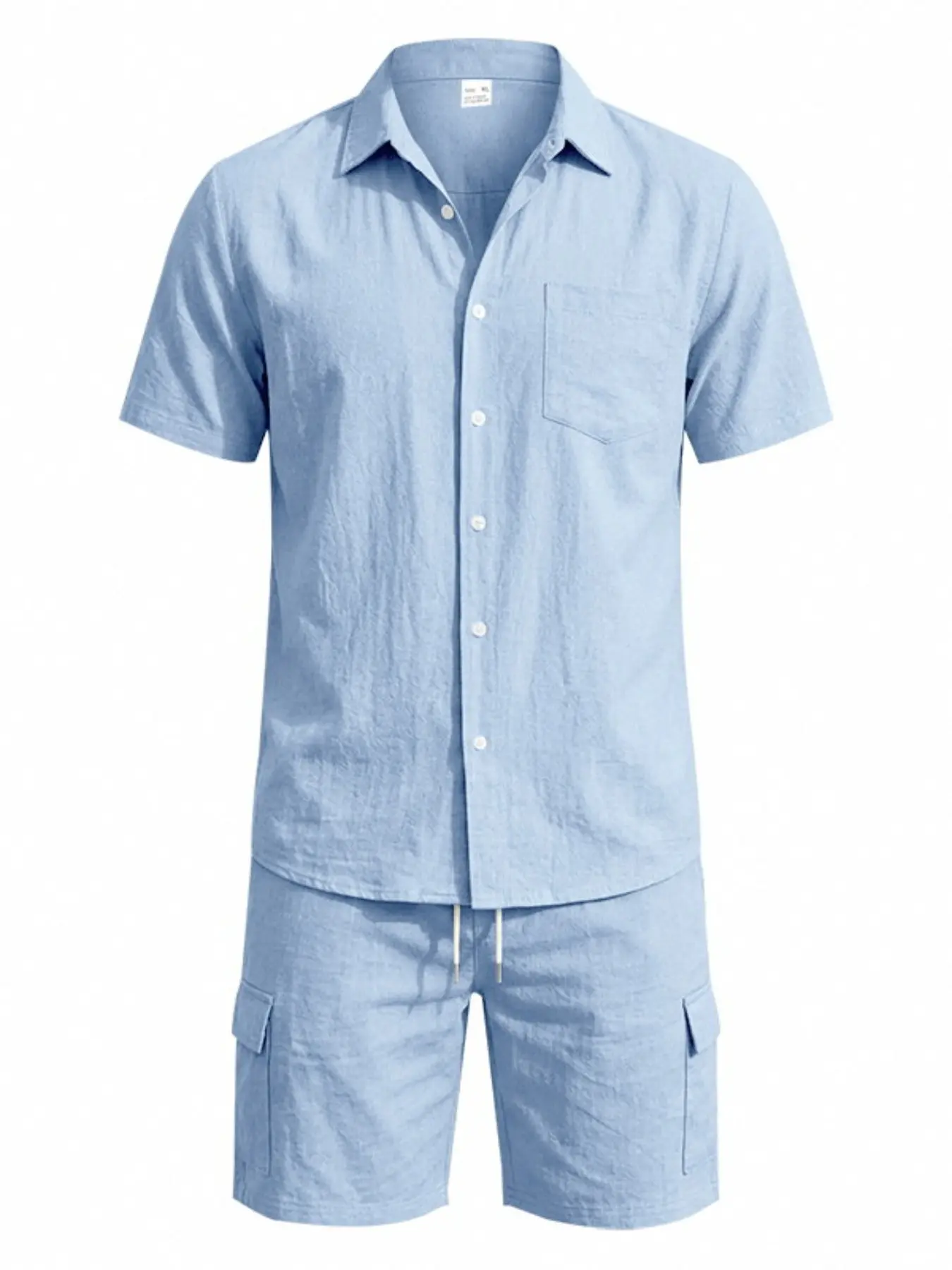Men's Textured Plain Linen Tropical Beach Two-Piece Set, Cuban Collar Short Sleeve Shirt + Multi-Pocket Drawstring Track Shorts, Vacation Casual Clothes