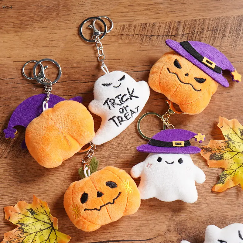 Halloween Plush Keychain - 7cm Pumpkin/Bat/Ghost Witch Hat Stuffed Doll Keyring with Embroidered Eyes, Silver-Gold Metal Clasp, Lightweight Carry Soft Pendant for Backpacks, Halloween Decor Gift for Kids