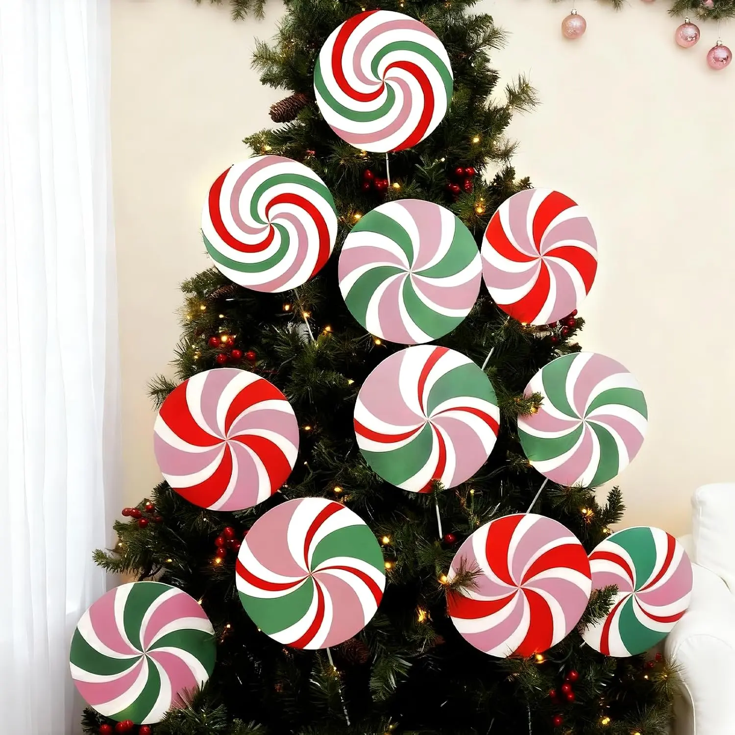 12 count Large Candy Christmas Tree Decorations Peppermint  Christmas Picks for Tree, 7.87"  and Red Candy Ornaments, Plastic Candyland Tree Topper for Xmas Holiday Party Vase Decor
