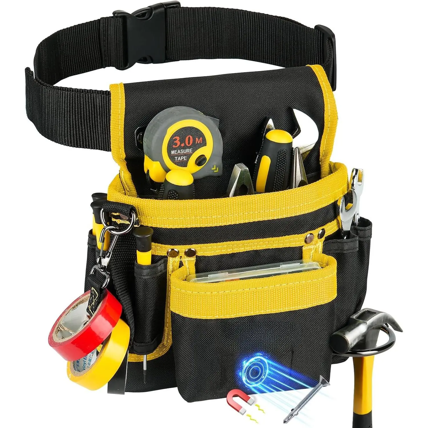 Tool Belt, Tool Pouch,14-Pockets Tool Belts for Men,Detachable & Adjustable Tool Pouch belt for Electrician,Carpenter,Construction,Work Apron,Utility Belt,Black-Yellow