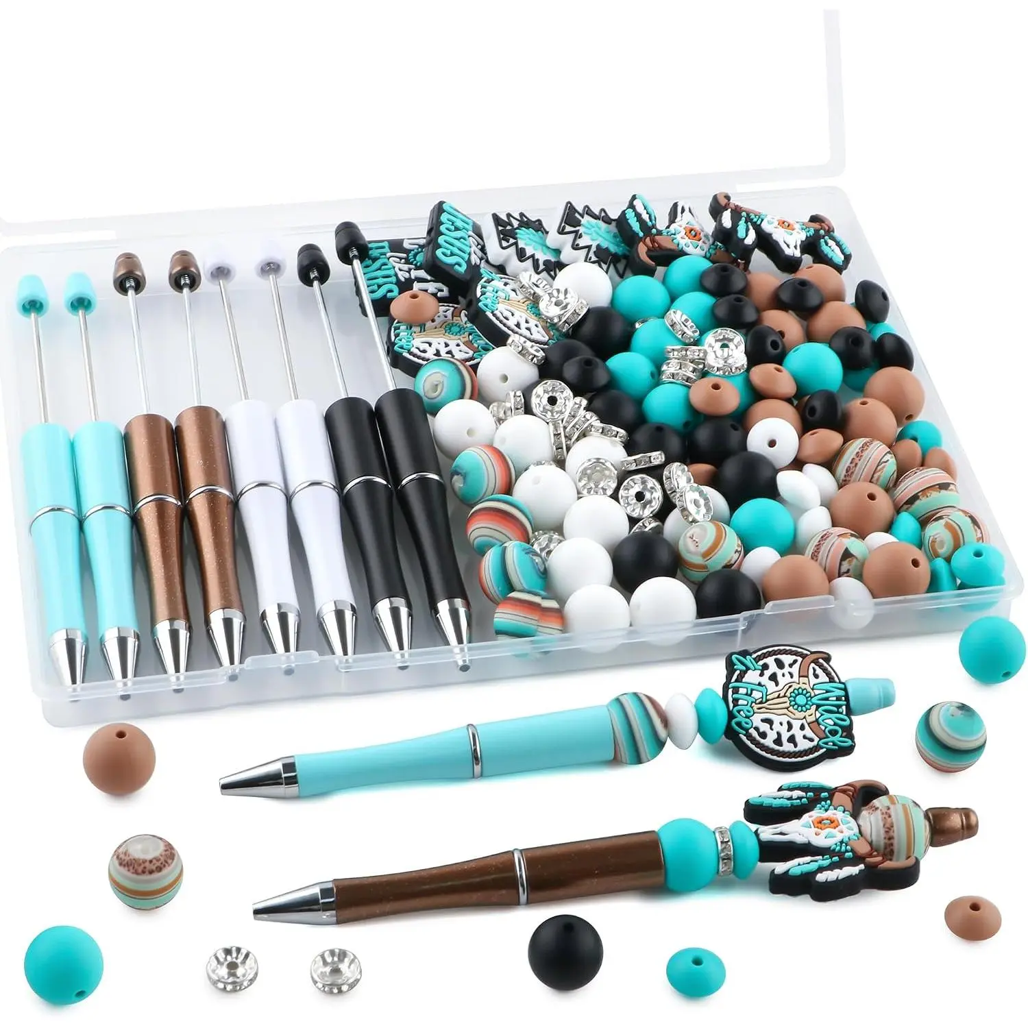 136 count Turquoise Beadable Pen Set DIY Focal Beads  Beads | Pens Set with  Focal Beads, Print Beads, Round Beads, Spacers Beads  Making DIY Craft with Storage Box
