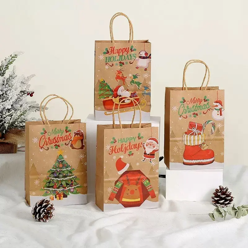 Christmas Kraft Paper Bag, Natural Color Gift Packaging Bag, Christmas Eve Gift Bag, Versatile Handbag, Eco-Friendly Shopping Bag