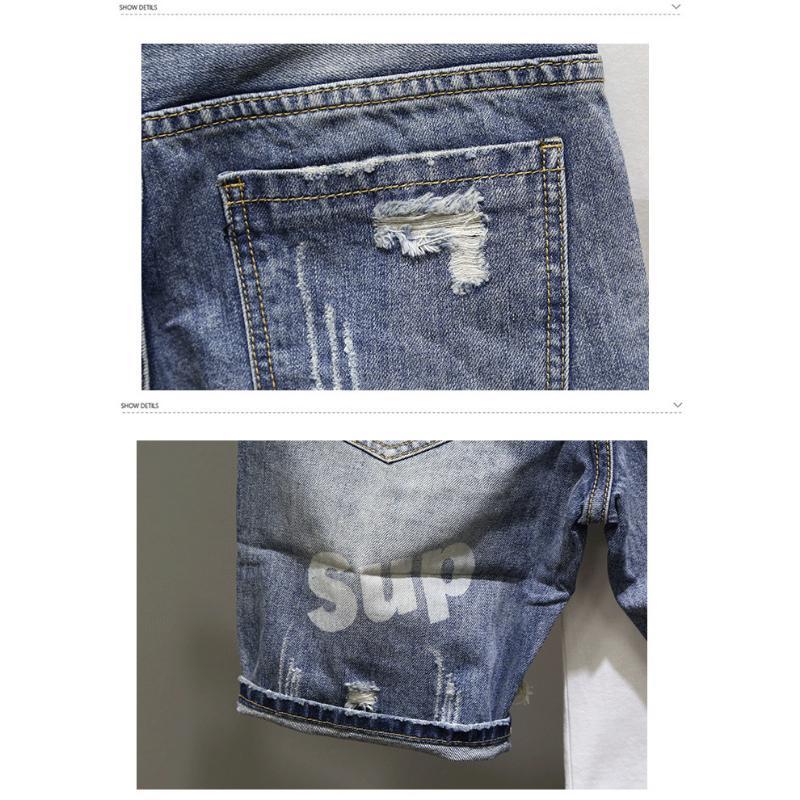 Men's Ripped Denim Shorts for Summer  Personality versatile cropped pants in cotton fabric, casual street style ee blue Korean Loose Original Streetwear Design
