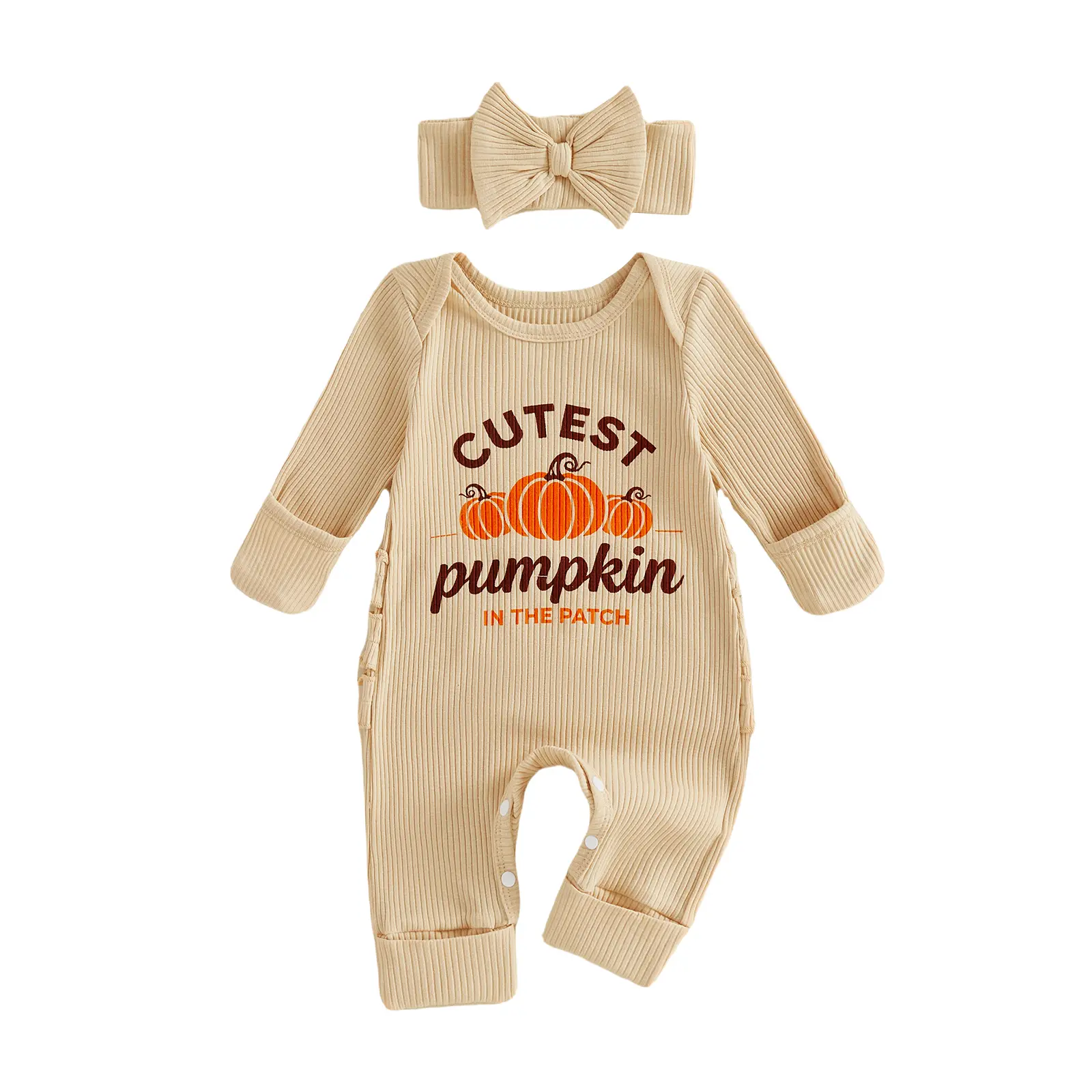 Babamoon Girls Only Newborn Infant Cotton Blend Pumpkin Print Jumpsuit with Headband - Safe Materials, Soft Fabric, Sweet Look Thanksgiving Outfit