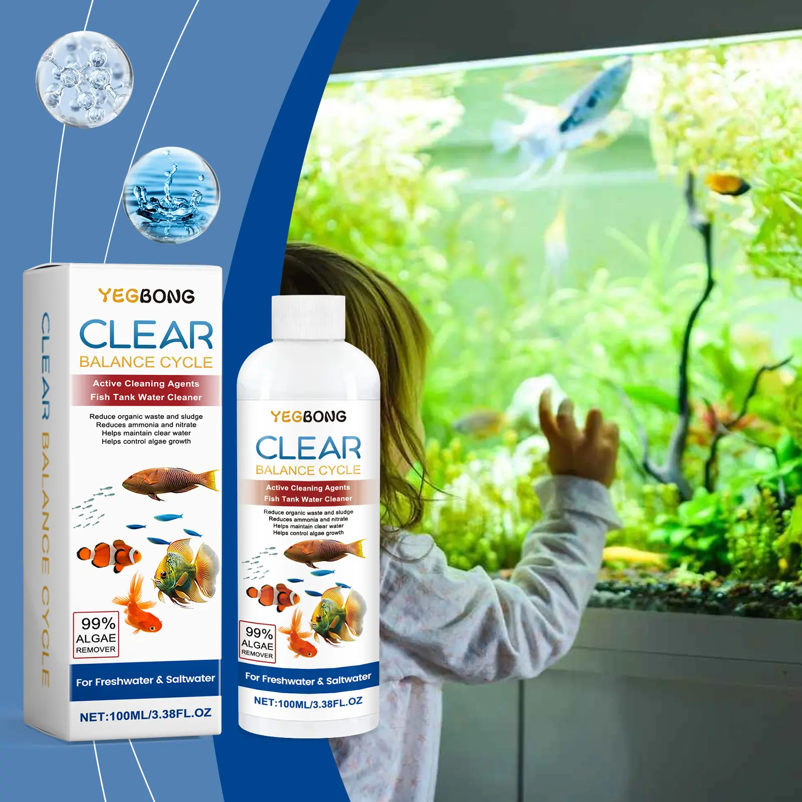 Yegbong Aquarium Water Clarifier, Fish Tank Cleaner for Removing Sludge & Stains, Controls Algae Growth to Keep Crystal Clear Water