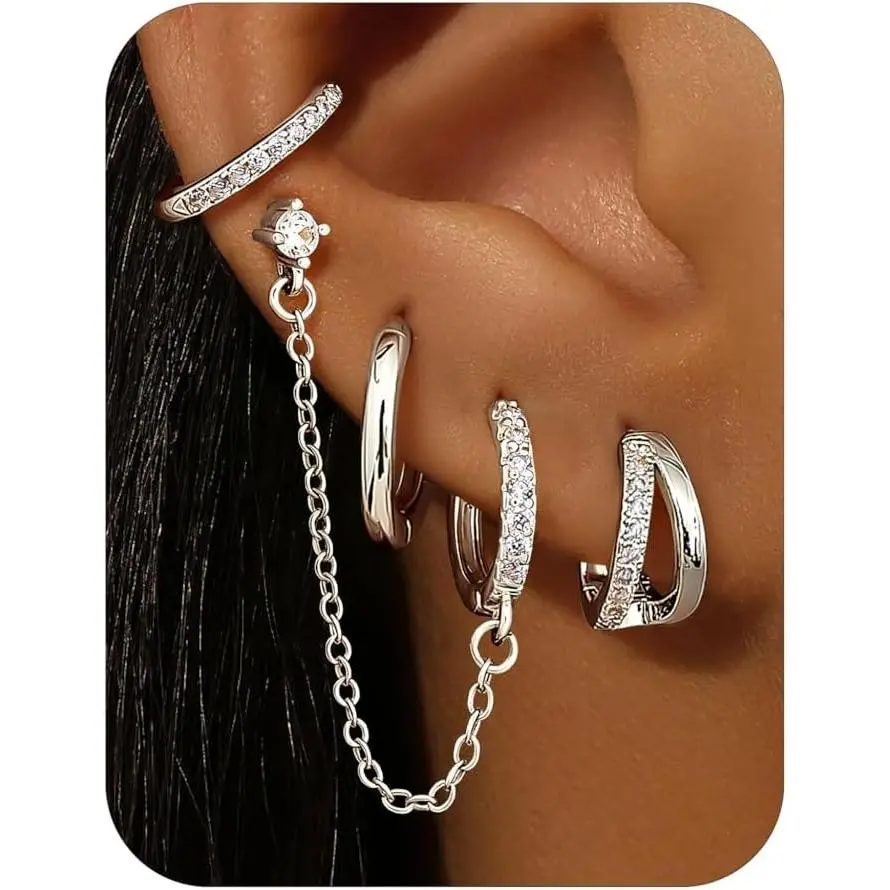 4 Pairs Small Hoop Earrings  Women Trendy 14K Gold Plated Chain Drop Earrings Set Hypoallergenic CZ Huggie Hoops Lightweight Cartilage Earring Stacks Women's Jewelry Gifts