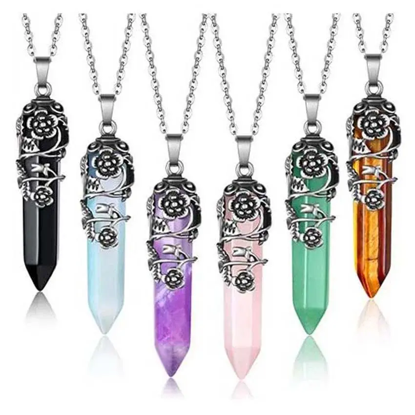 Women's Natural Flower-Wrapped Hexagon Crystal Pendulum Pendant - 1 Pcs, 20inch/50cm Chain, 62x25mm Amethyst, Rose Quartz, Red Jasper Natural Stone Healing Jewelry, Pendant With Necklace, Lapis Lazuli