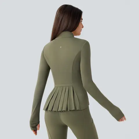 Halara SoftlyZero™ Stand Collar Thumb Hole Pockets Pleated Zipper Slim Jacket