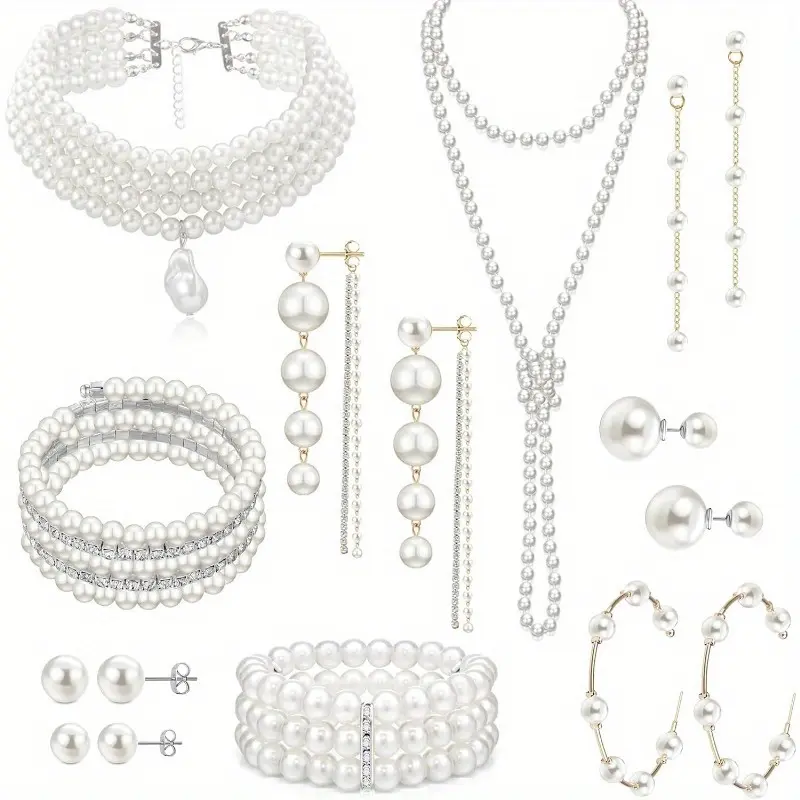 Imitation Pearl Necklace Earrings Set for Women: 16pcs Imitation Pearl Bracelet Imitation Pearl Necklace Dangle Earrings Jewelry Set