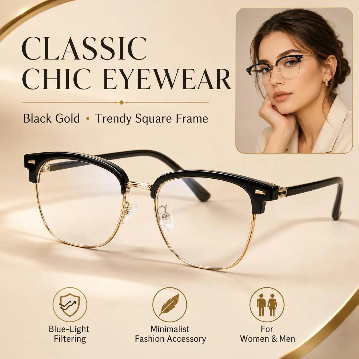 Unisex Non-Prescription Blue Light Glasses - Classic Chic Look Black Gold Square Frames, Minimalist Fashion Accessory, Trendy Gift Set, Travel Wear Essential for Travel, Summer Outfit Accessory