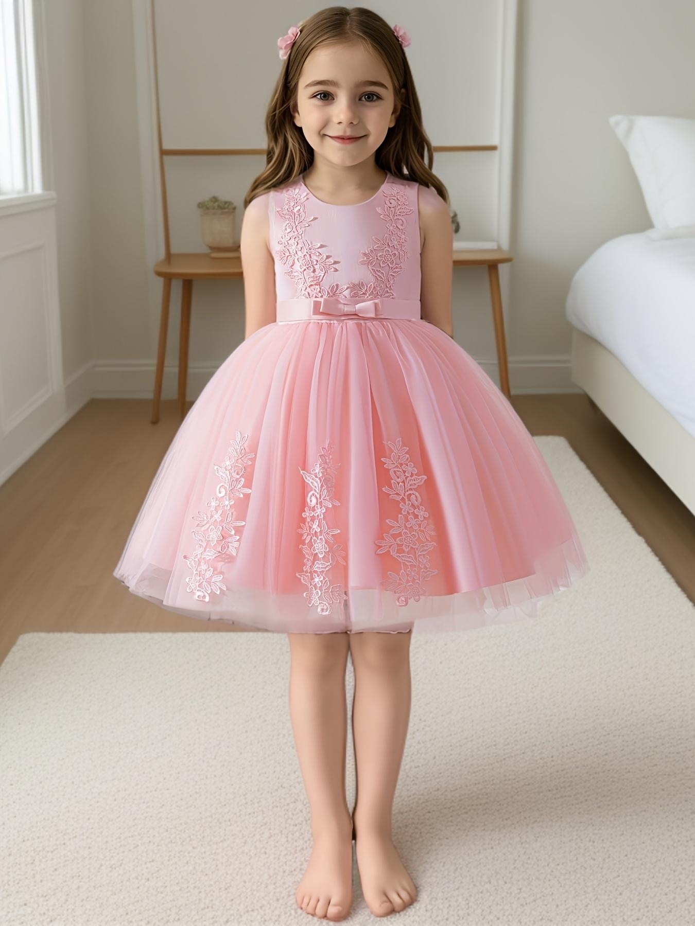 Girls Princess Dress Lace Mesh Flower Girl Wedding Stage Runway Sleeveless Midi Crew Neck Embroidered Tie Back Flared Hem All Season Non Stretch Formal Dresses