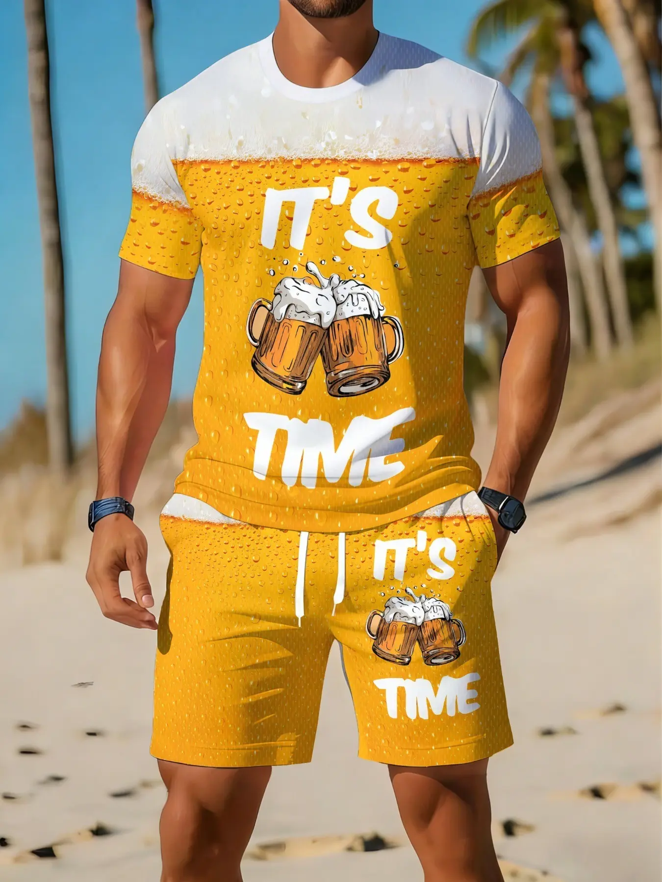 Simple set of clothing, creative gradient pattern cartoon print two-piece set, daily men's clothing for the streets