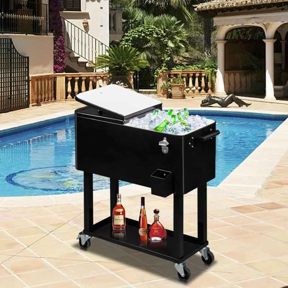 Rolling Ice Chest, Portable Patio Party Bar Drink Cooler Cart, with Shelf, Beverage Pool with Bottle Opener