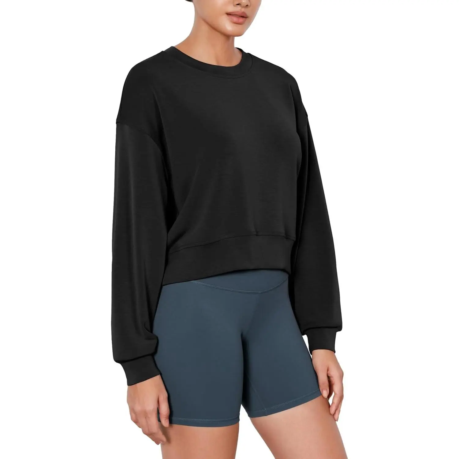 Women's 2-Piece Comfy Loose-Fit Set - Modal-Polyester Breathable Fabric, Long-Sleeves Oversized Crew Neck Cropped Sweatshirt & Casual Style Shorts