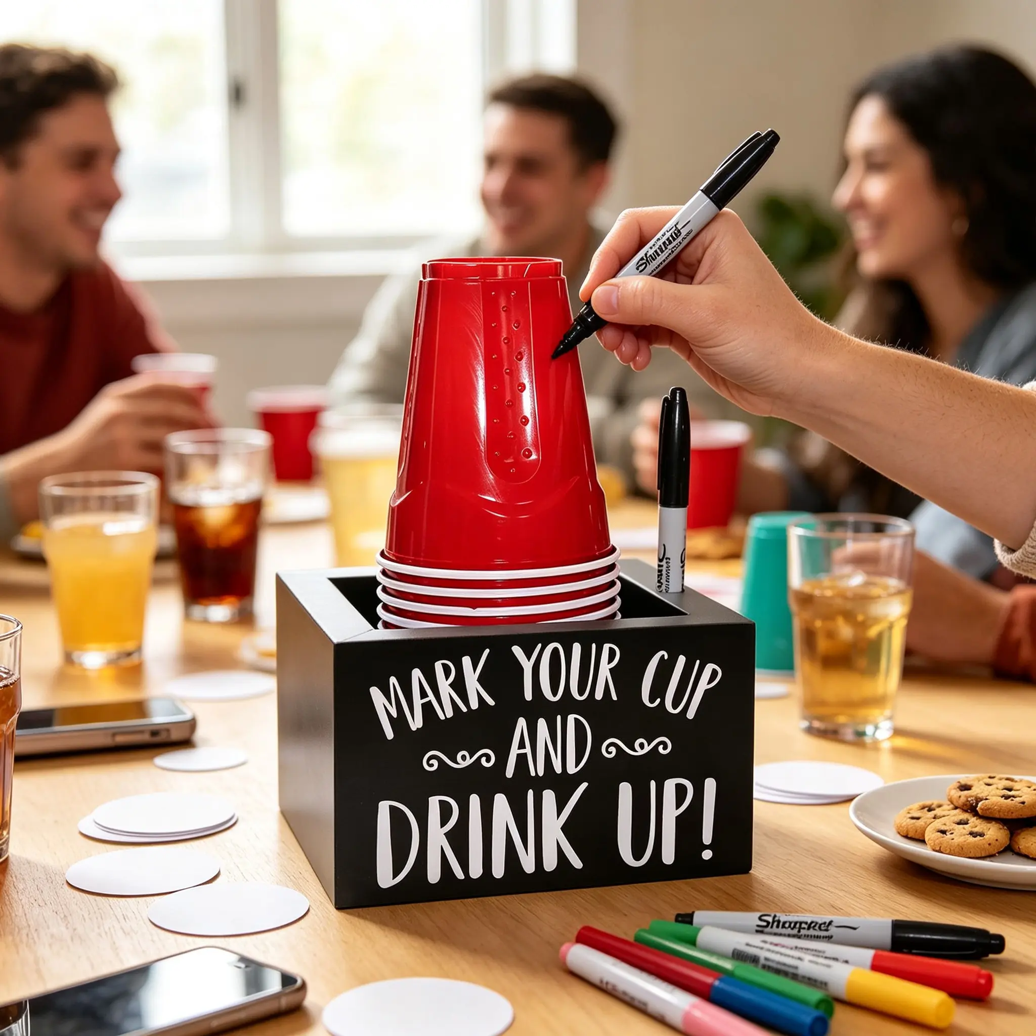 Single-Use Cup Holder with Marker Slot, Plastic Cup Organizer, Beverage Dispenser for Weddings Parties Kitchen Decor