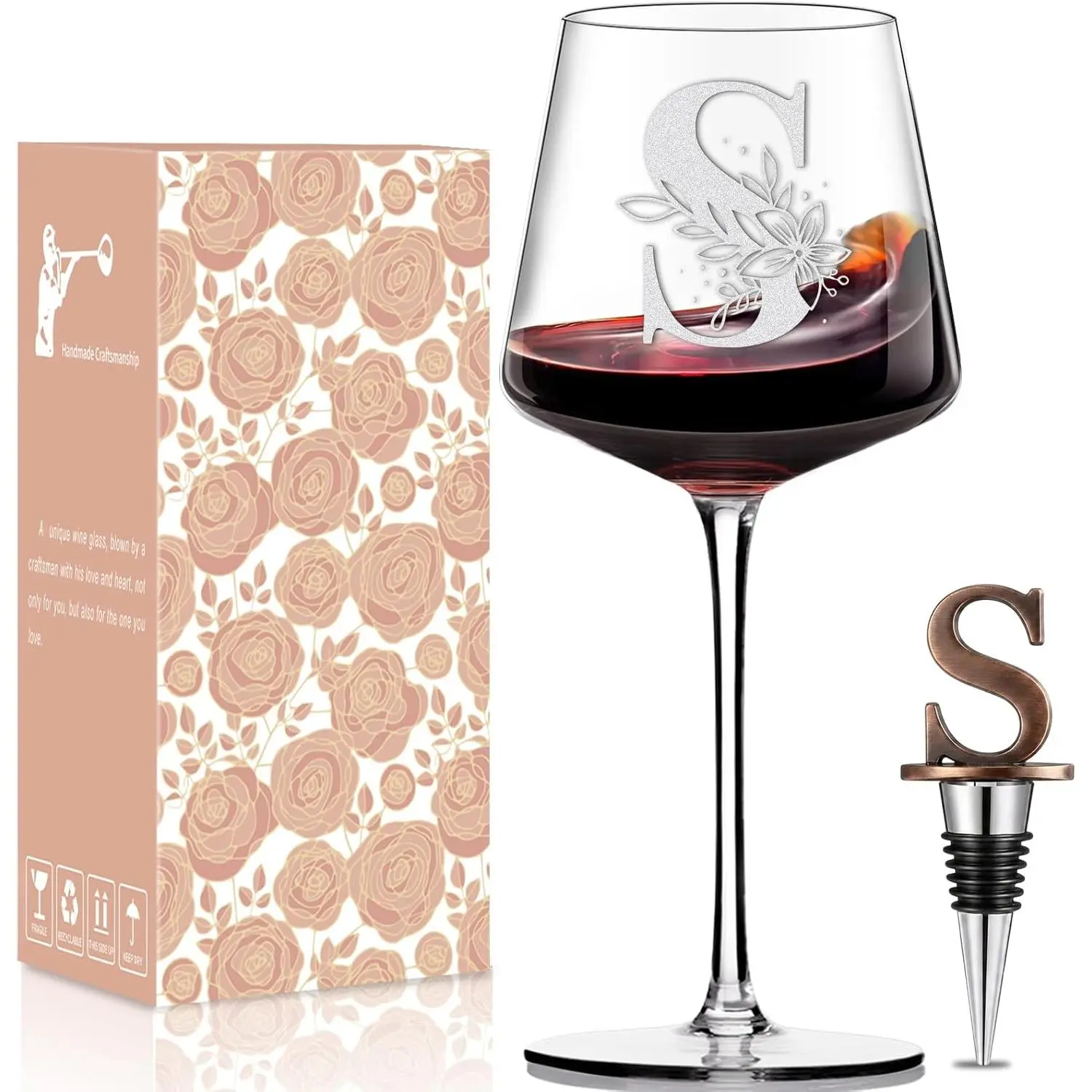 Personalized  Glass - Custom Initial Monogram  for Women,  Birthday & Mother's Day  for Mom, Wife, Sister,  , Etched Dishwasher Safe (Letter S)