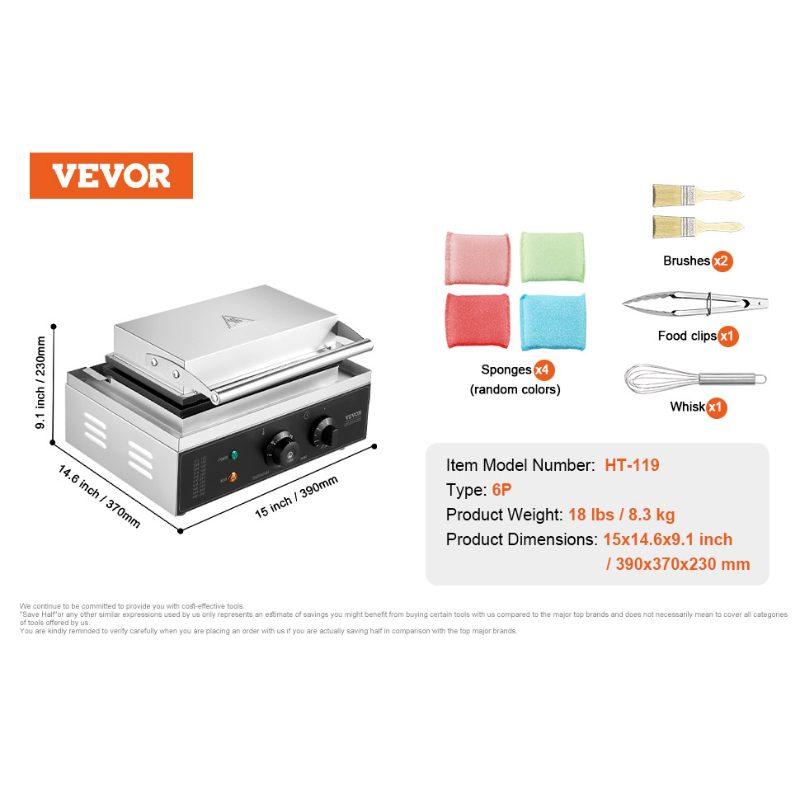 VEVOR Commercial Waffle Stick Maker, 6PCS 1500W Waffle Baker Machine, Non-Stick Stainless Steel Corn Hot Dog Waffle Iron with Temp and Time Control, Handle, for Restaurant Bakery Snack Bar Family
