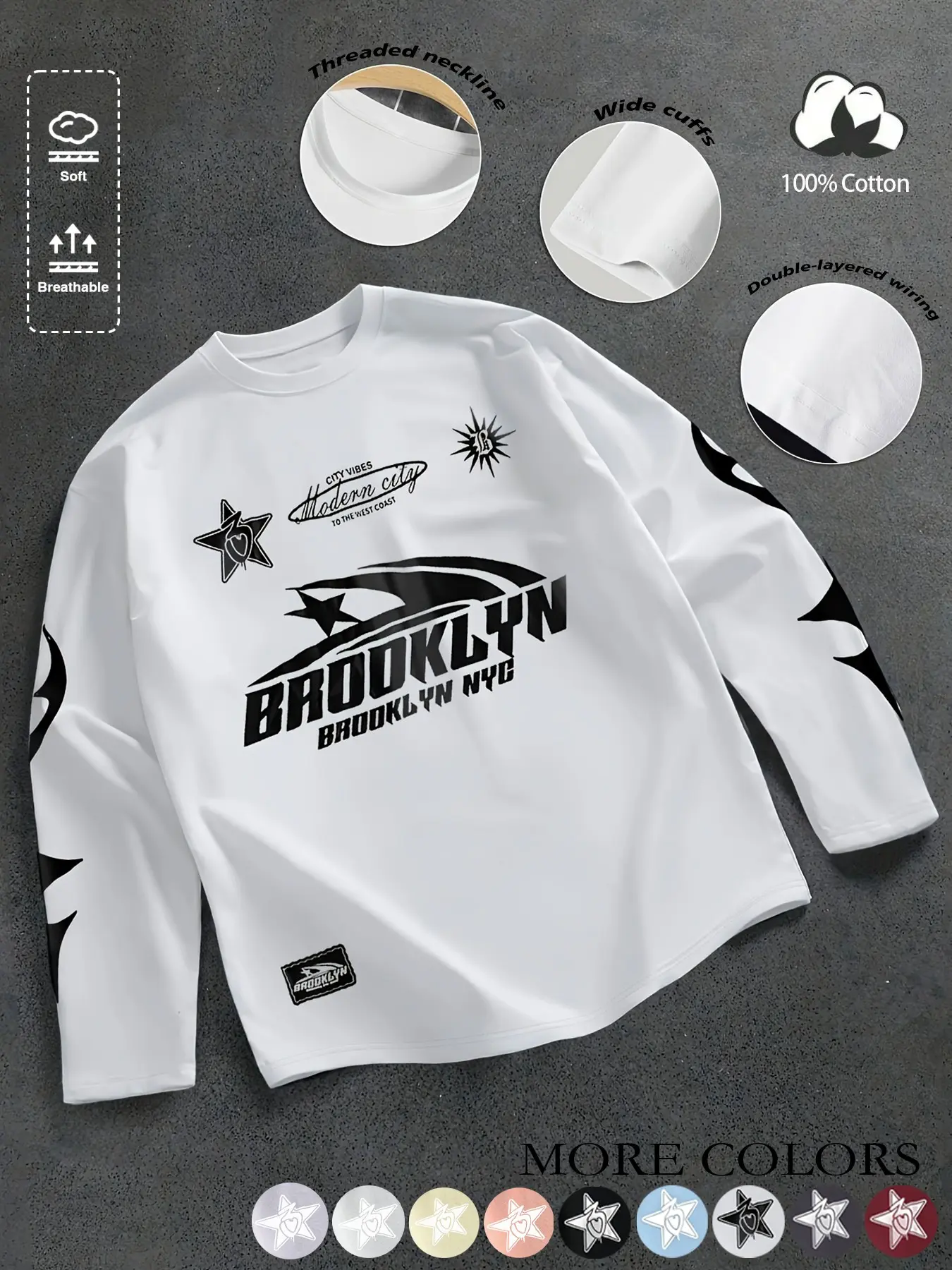Unisex design, Streetwear, Street-style Brooklyn star-letter print long-sleeve T-shirt made of 100% cotton, loose-fitting round neck casual top, suitable for Y2K style, spring and autumn seasons, ideal for transitioning between seasons, returning