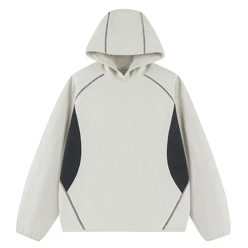 Menswear Men's Waffle-Knit Hooded Pullover Sweatshirt for Spring/Fall, Slim Fit with Dropped Shoulders, Elastic Cuffs, Contrasting Side Panels, Visible Topstitching, American Functional Style, Long Sleeves, Suitable for Outdoor Activities & Commuting