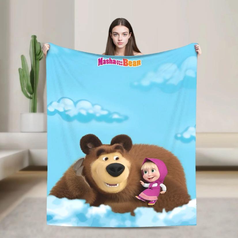 Masha And The Bear Kawaii Blanket Ultra Soft Flannel Fleece Cozy Warm Fluffy Bedroom Couch Sofa Throw Bedding Decor Decorative Throw Perfect Birthday Gift Christmas Gift for Kids Adults Viral Trending Cute Russian Cartoon Aesthetic Style