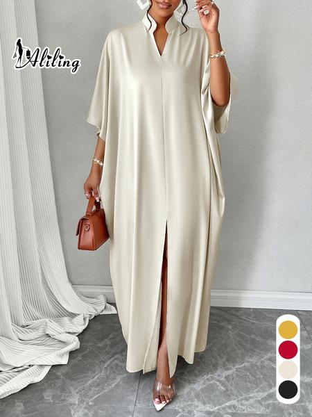 Women's Plain Notched Neck Split Hem Long Dress, Elegant Fashion Casual Dress for Daily Outdoor Wear, Women Dress for Summer