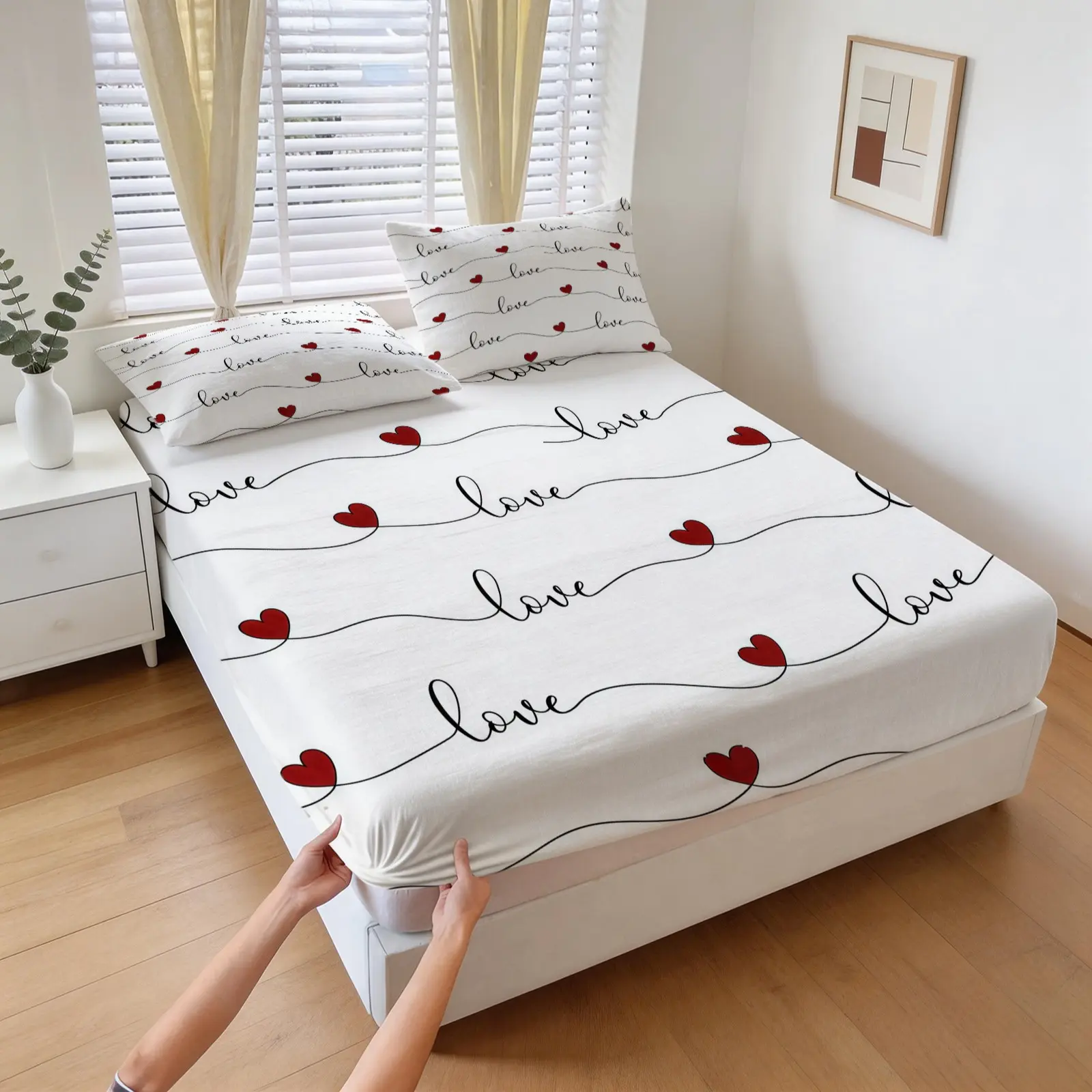 3-Piece Line Heart Pattern Fitted Sheet Set, Soft And Comfortable Bedding Set, Including 1 Sheet And 2 Pillowcases (Pillow Inserts Not Included), Suitable For Teenagers And Adults, Bedroom, Apartment, Guest Room, Dormitory Scene, Decorative Bedding Set