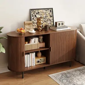 Sideboard Buffet Cabinet With Sliding Door, Fluted Cabinet With Adjustable Shelf, Wood Fluted Sideboard, Modern Accent Coffee Bar Console Table For Kitchen, Entryway, Living Room, Walnut